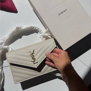 Authentic New Saint Laurent Cream Quilted Mini Crossbody with Gold Logo